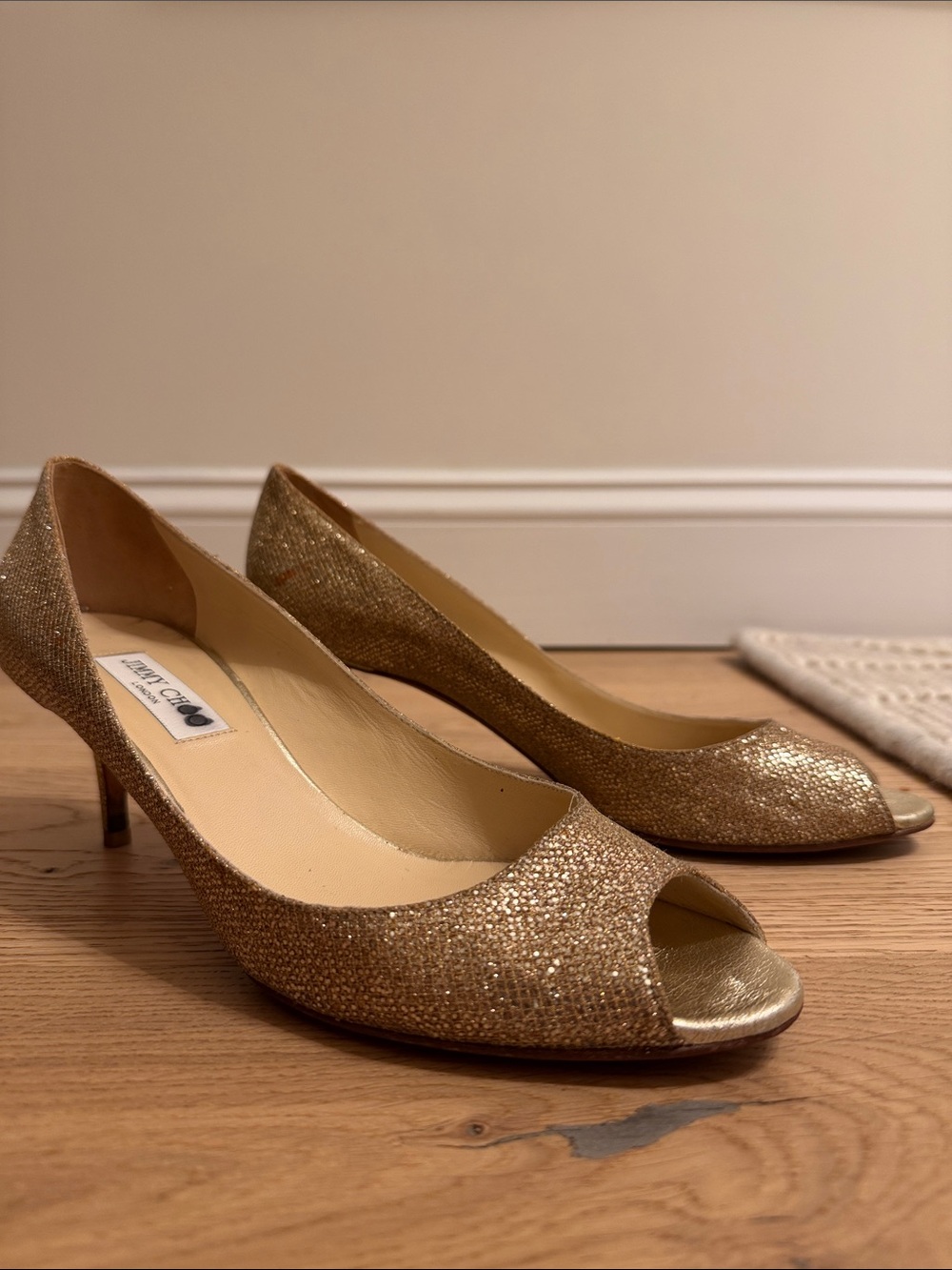 Jimmy Choo Glitter Gold Peep-Toe Kitten Heels